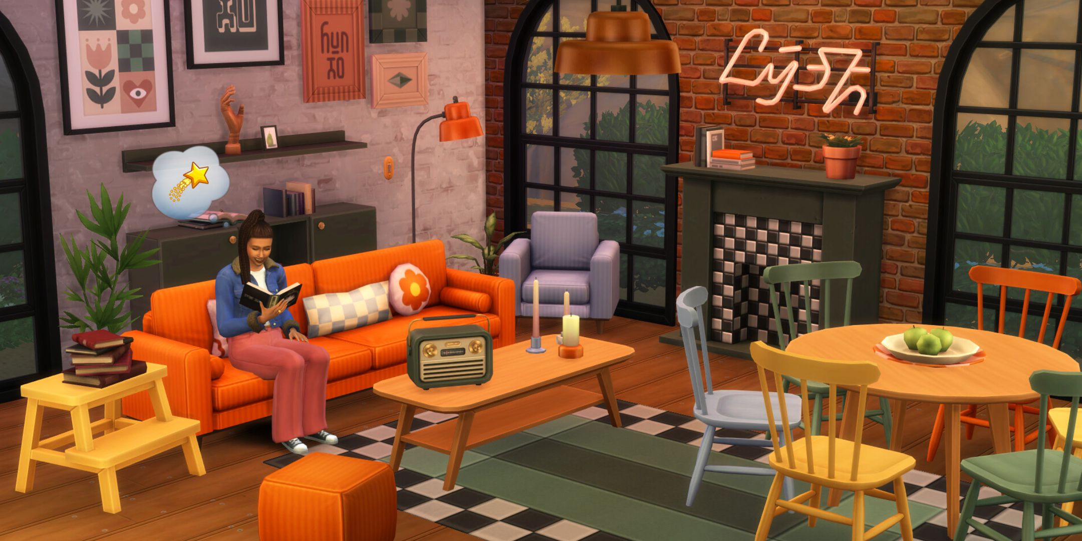 The Sims 4. A sim lounging in a room furnished with cozy kitsch.