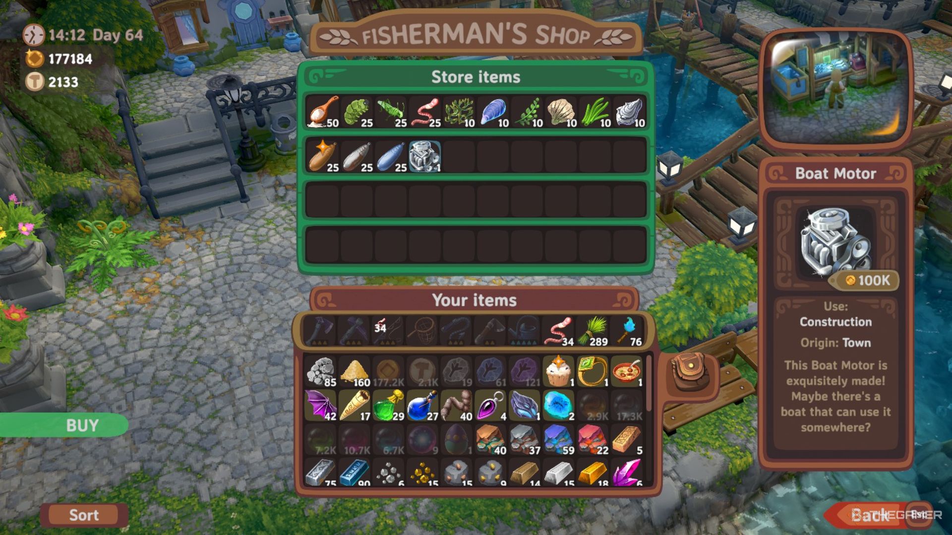 Player character shopping at the Fisherman's Shop and focusing on the Boat Motor item in Luma Island.