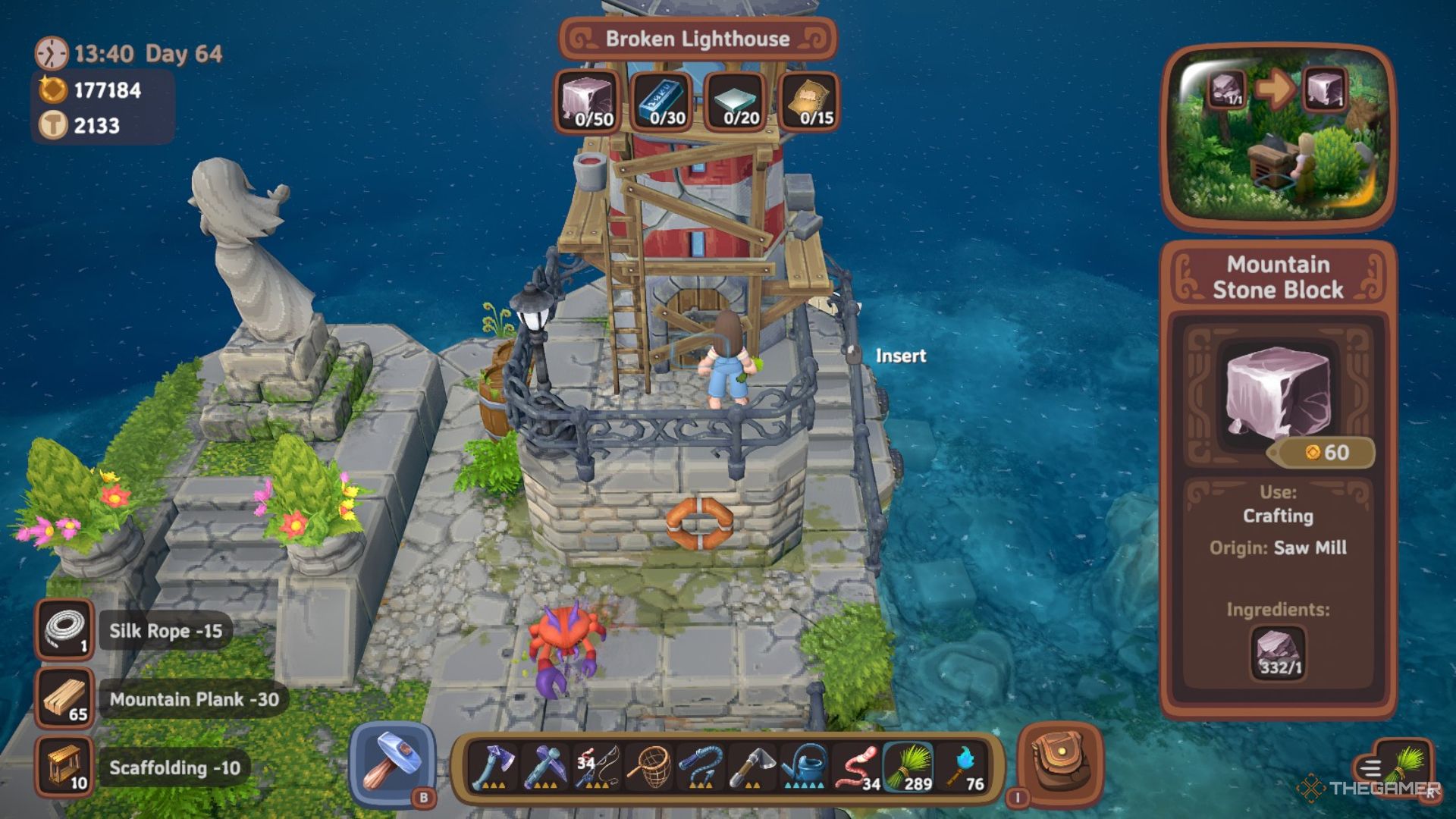 Player character adding materials to the broken Lighthouse to repair it in Luma Island.