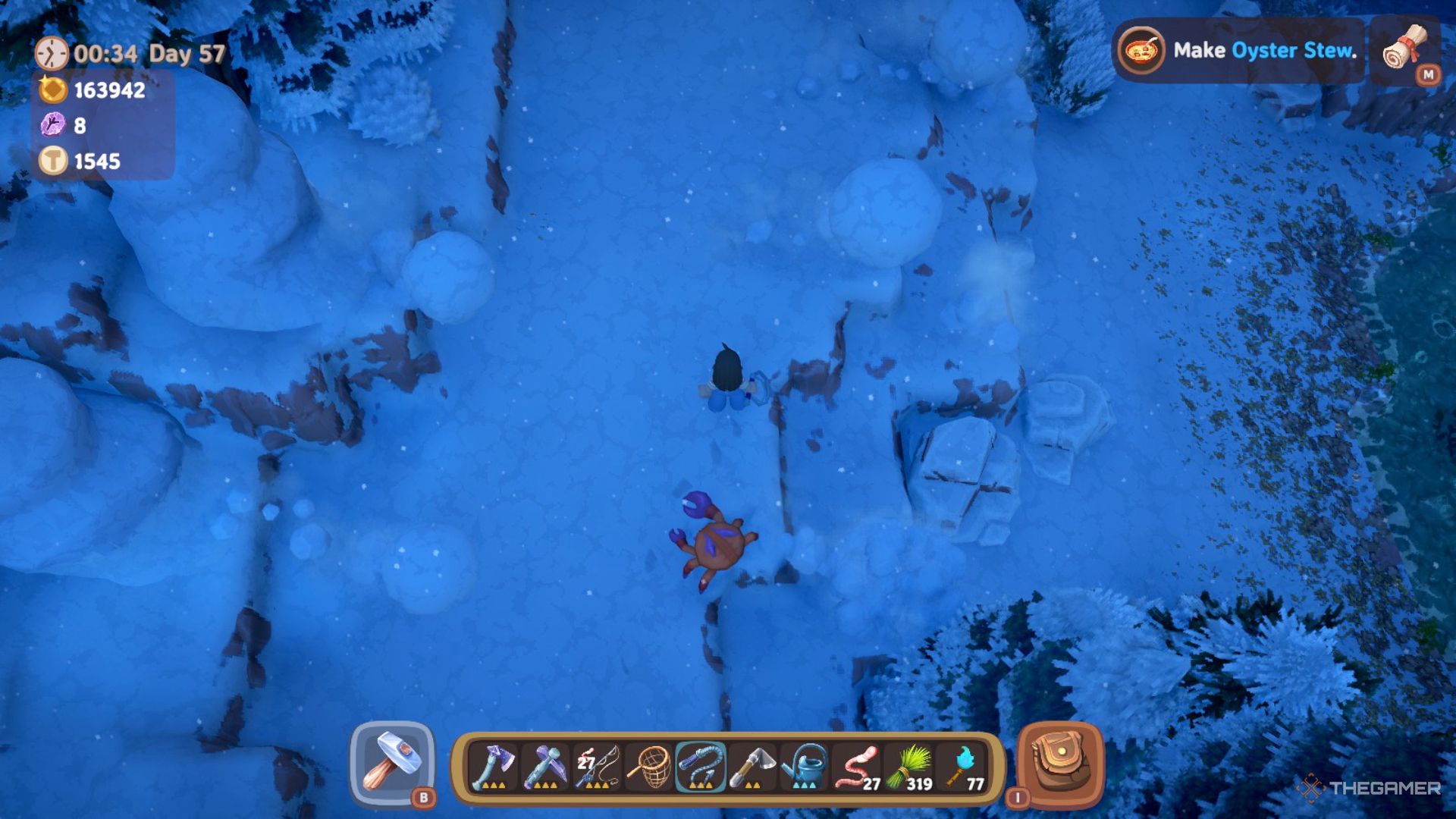 Player character standing in between the path of two giant snowballs rolling down a hill in Luma Island.