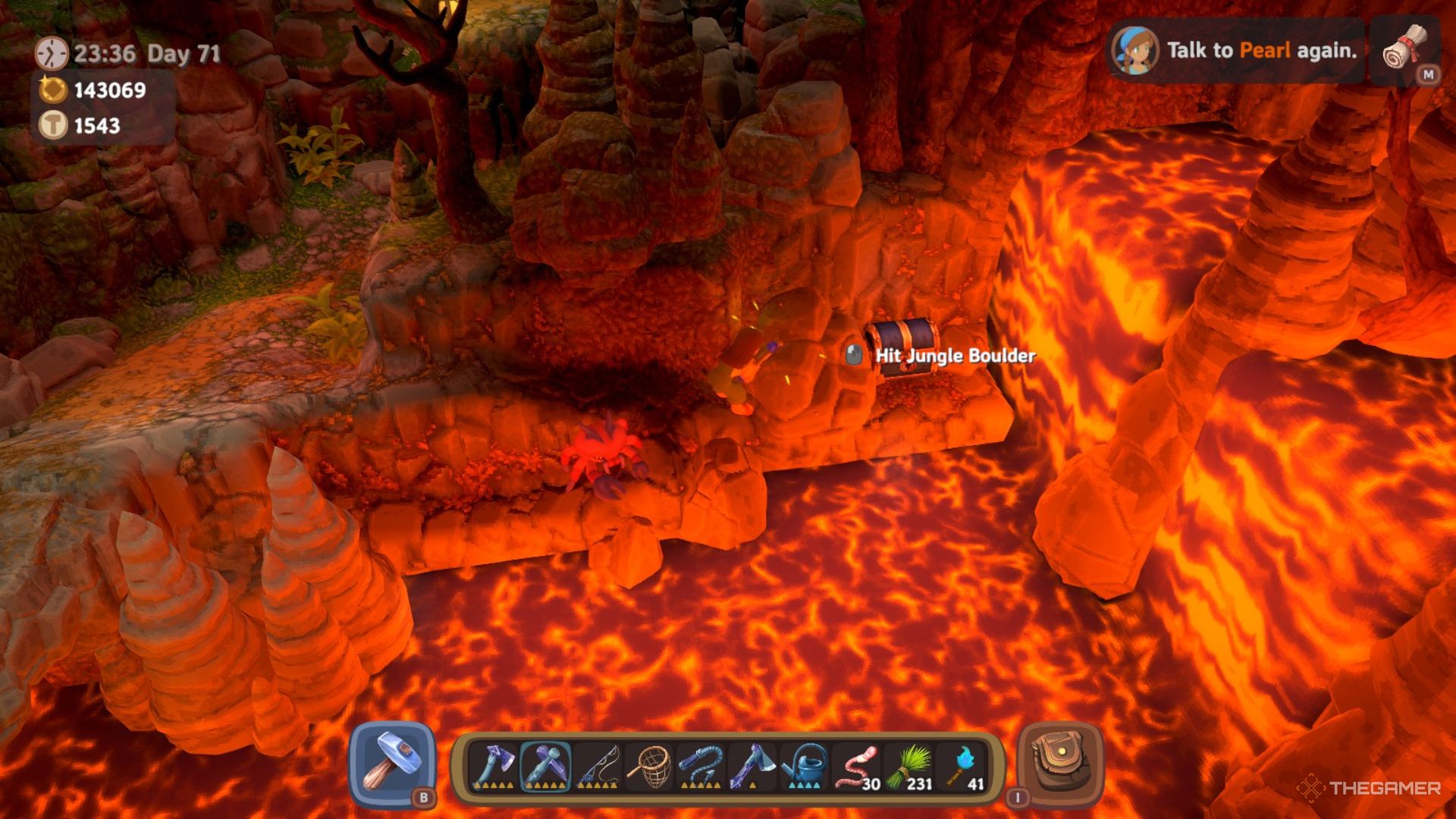 Player character breaking a Jungle Boulder with a pickaxe in a lava-filled cave in Luma Island.