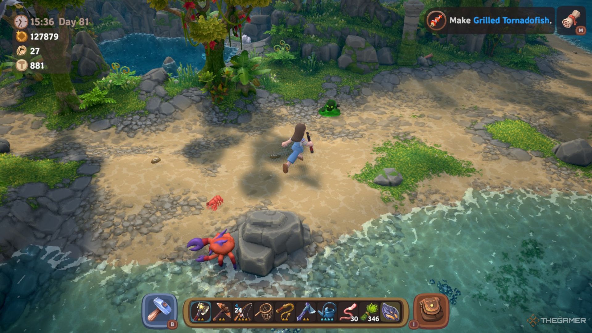 Player character and their Luma running past a Skeleton Sludge on a beach in the Jungle in Luma Island.