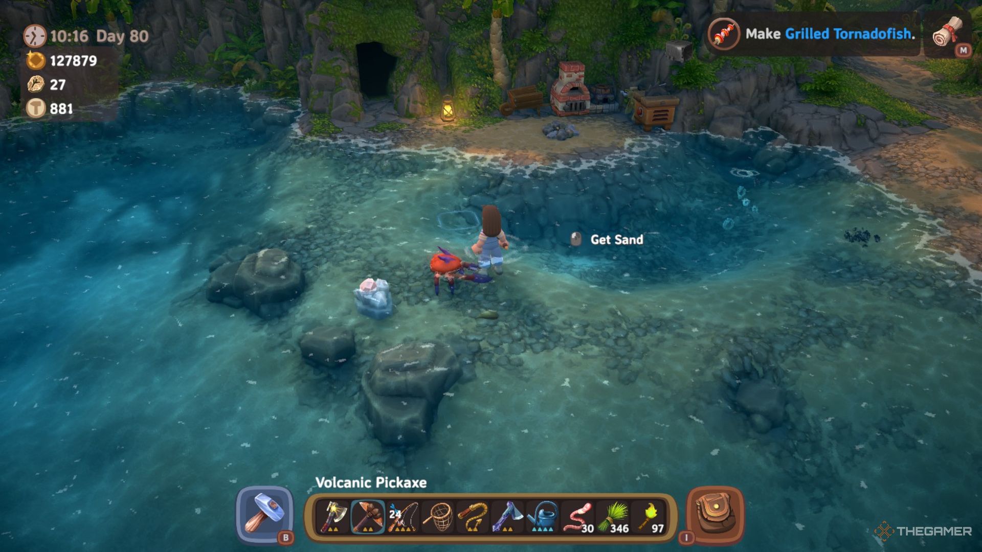 Player character walking along a shallow walkway in the water to the Jungle Cave in Luma Island.