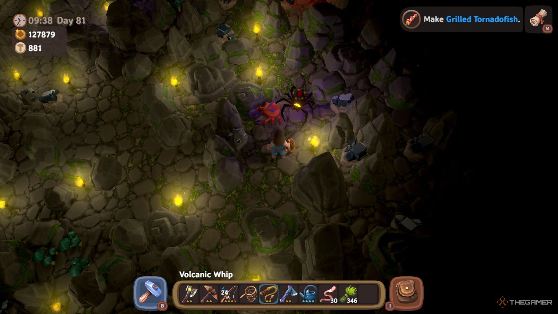 Player character standing near a stunned Jungle Spider in the Forbidden Jungle Cave in Luma Island.