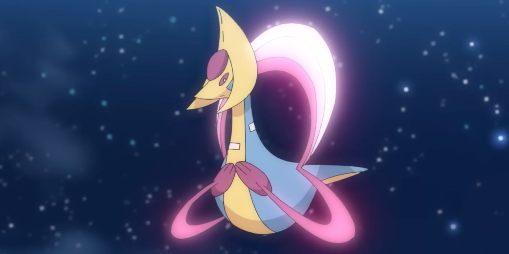 Cresselia floating in the night sky in the Pokemon Anime.