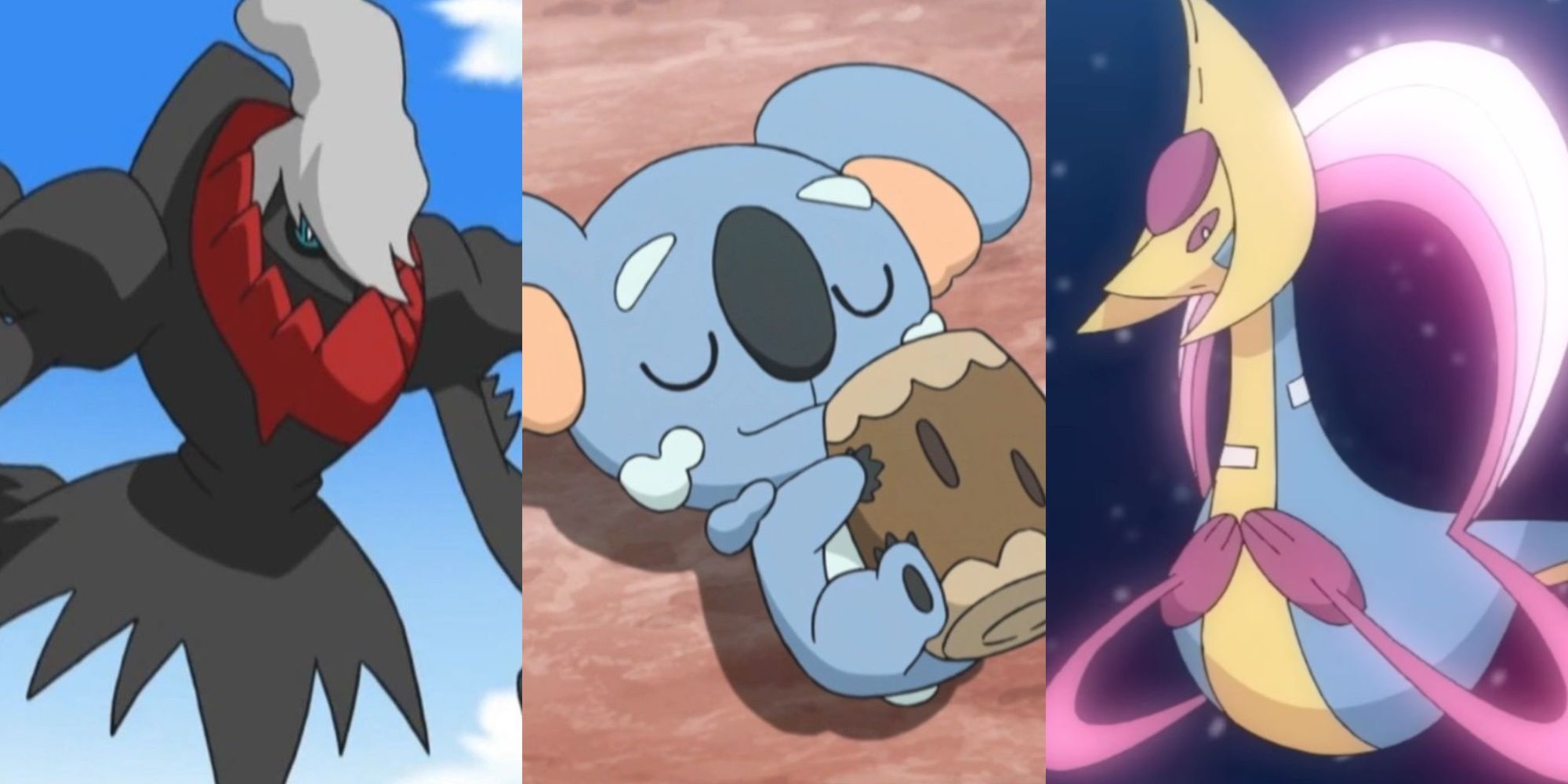 A split image of Darkrai floating in the sky, Komala sleeping soundly, and Cresselia in the night sky of the Pokemon Anime.