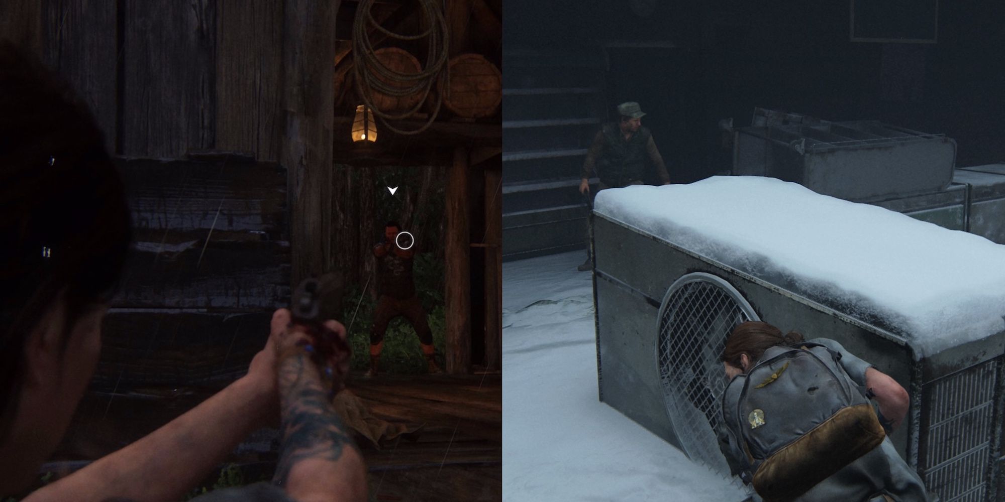 Ellie aiming at enemy on the left, Ellie hiding from an enemy on the right