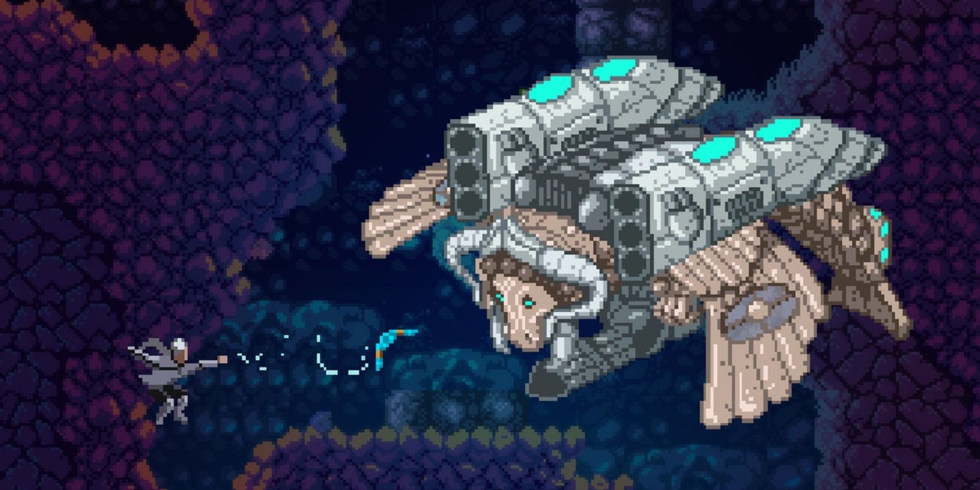 The protagonist throwing her boomerang at a large, bull-drone in Axiom Verge 2.