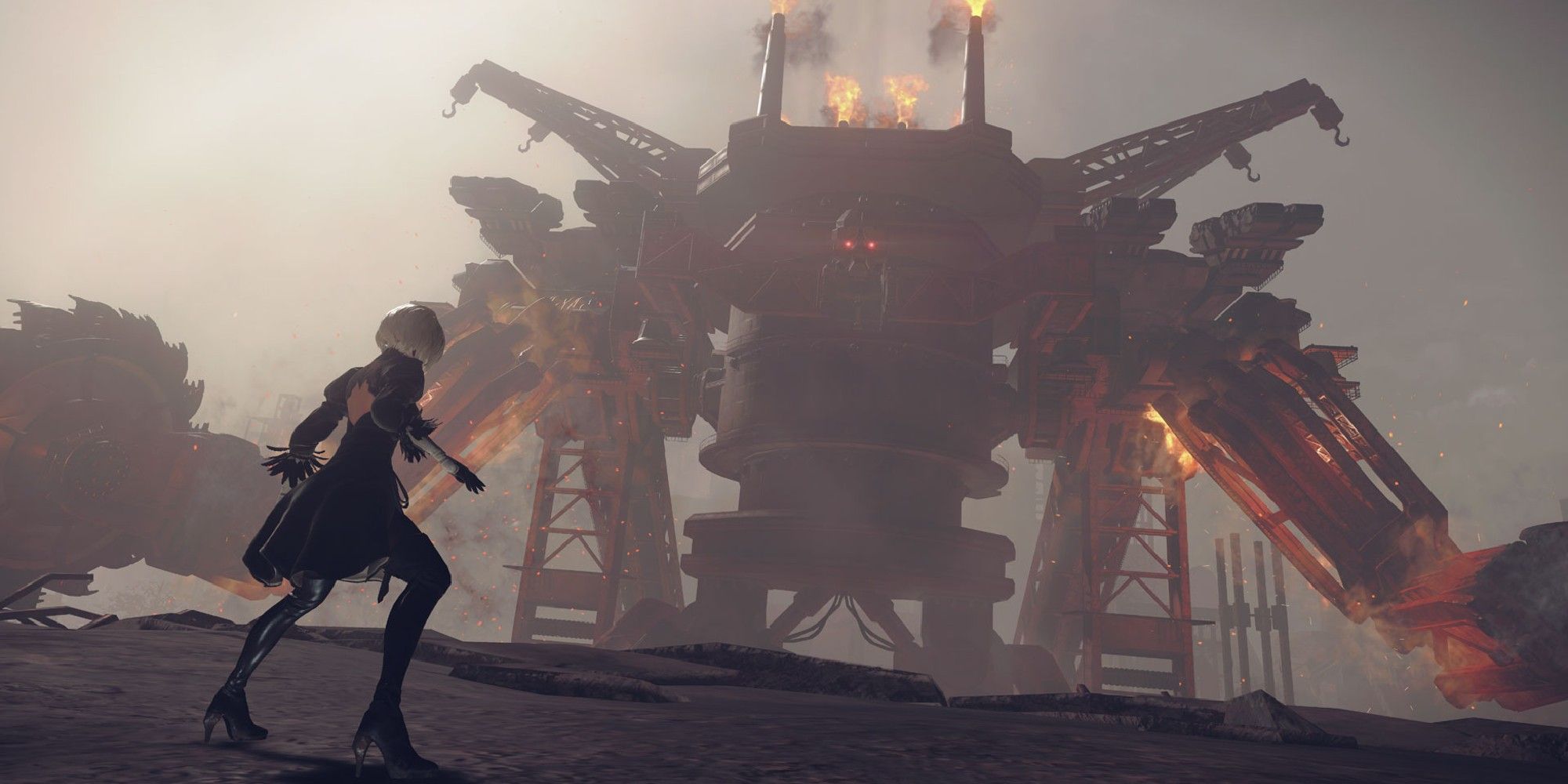 2B facing off against a giant Machine.