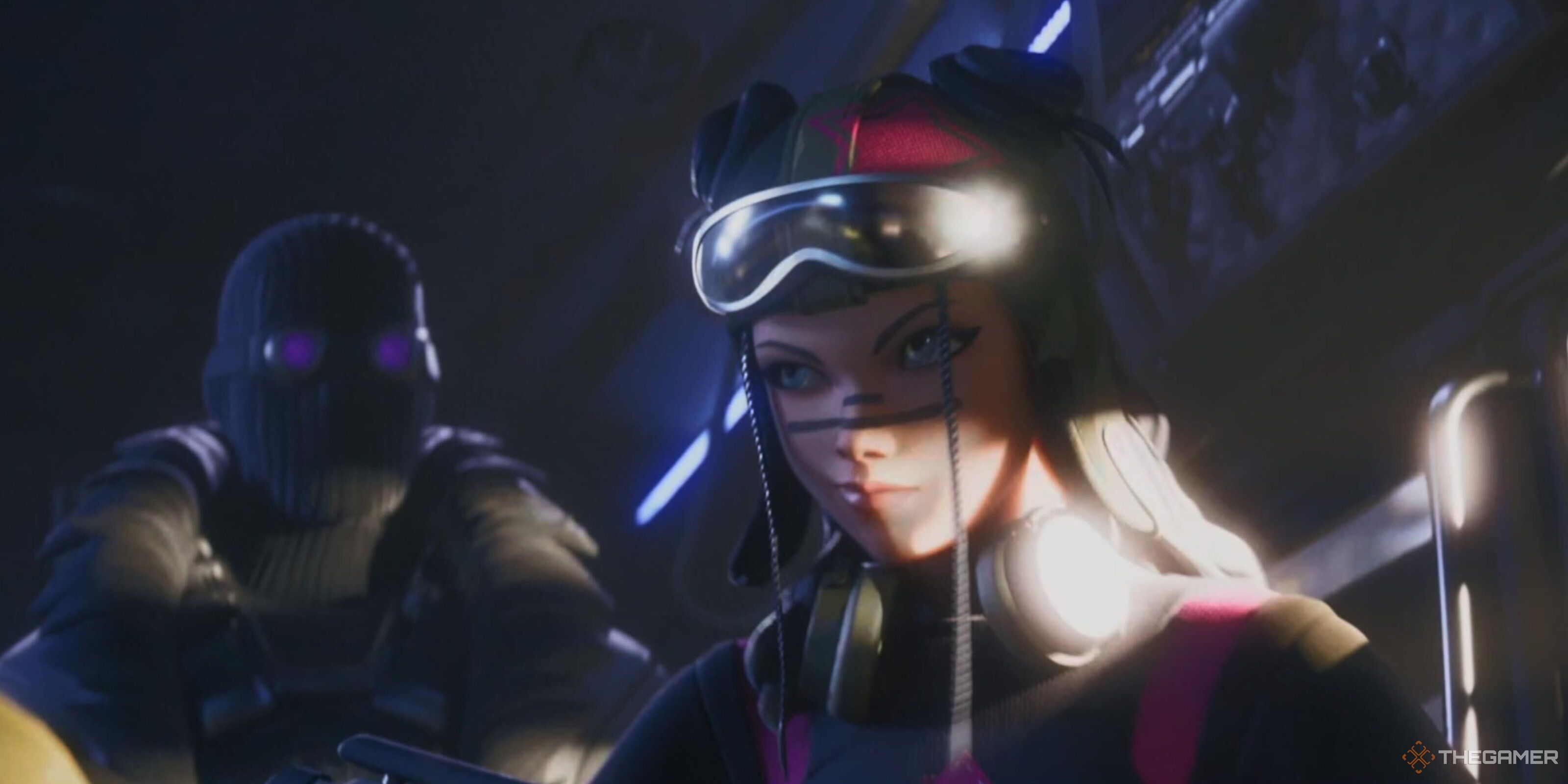 A masked character and a girl with goggles in Fortnite Ballistic.