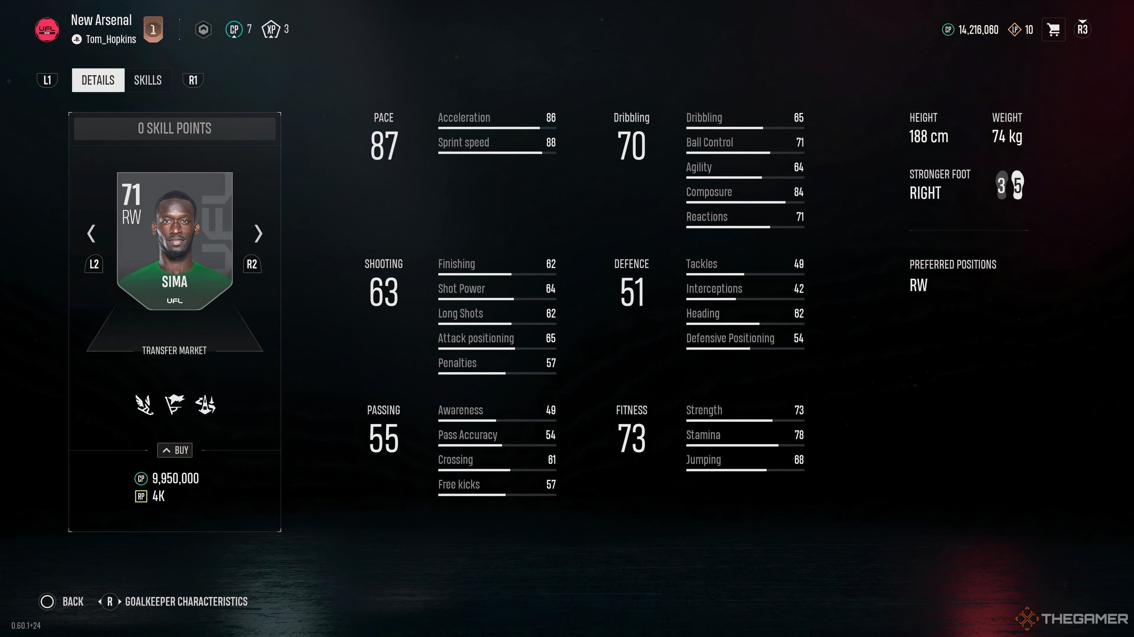 Sima's stats page in UFL.