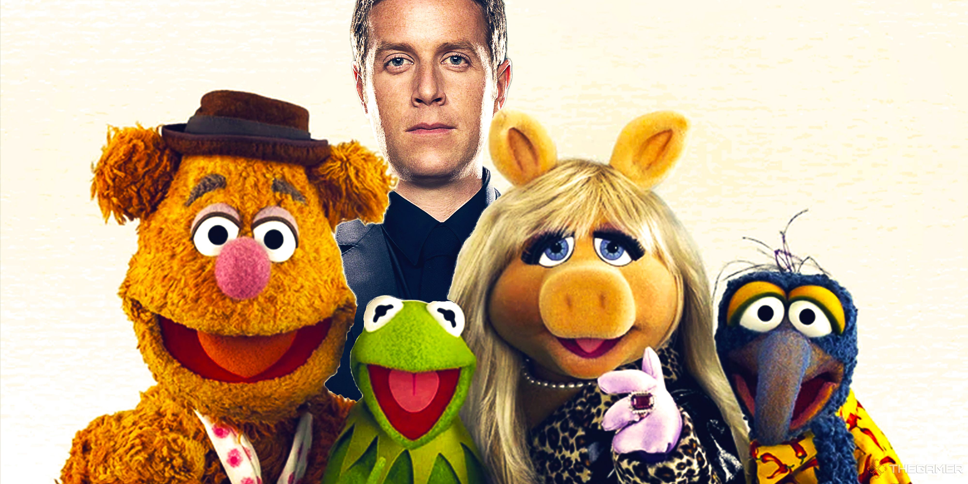 Fozzie Bear, Kermit, Miss Piggy, and Gonzo, with Geoff Keighley in the background.