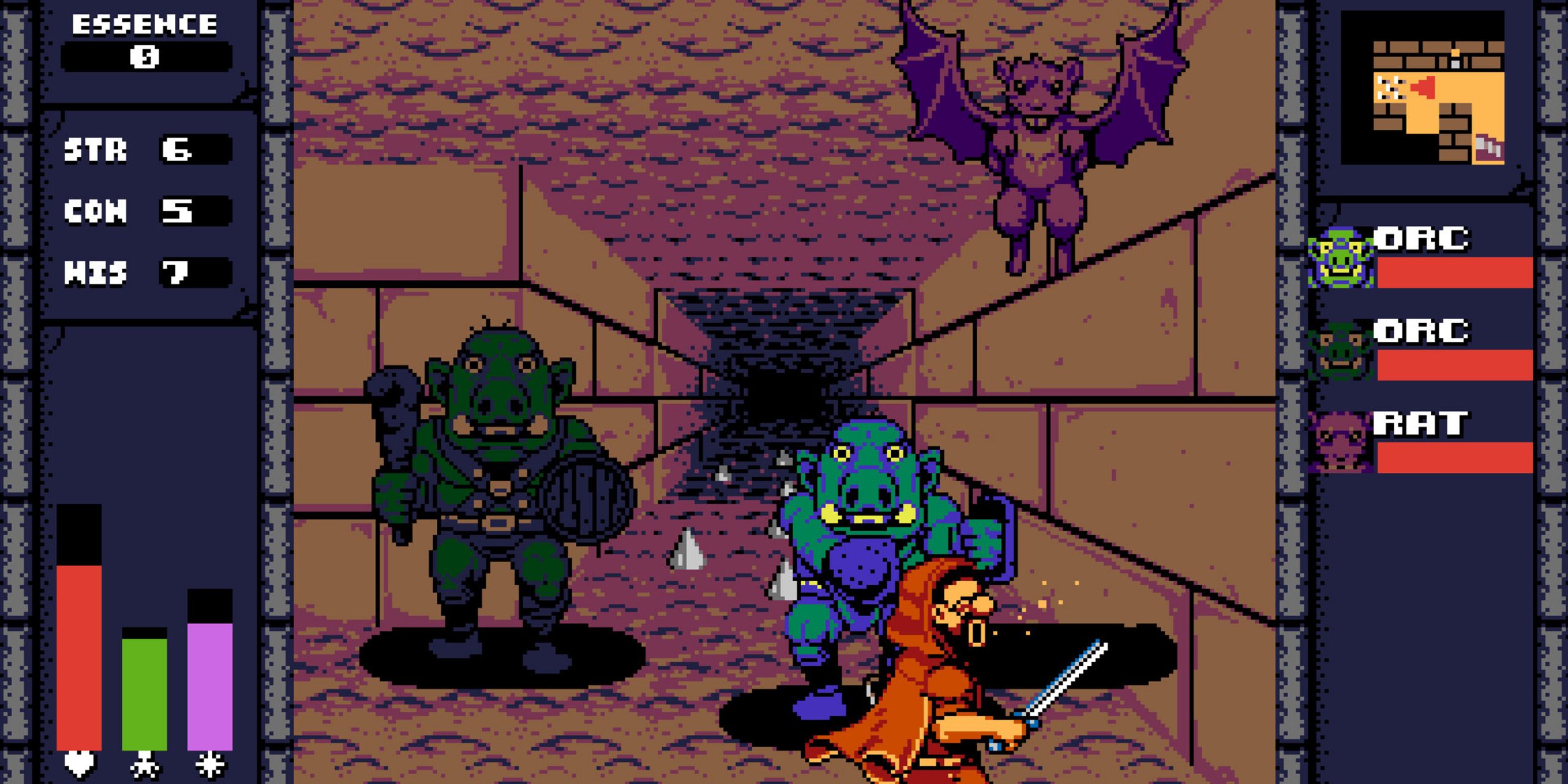 A swordsman fighting two orcs in a dungeon from Valbrace in UFO 50.