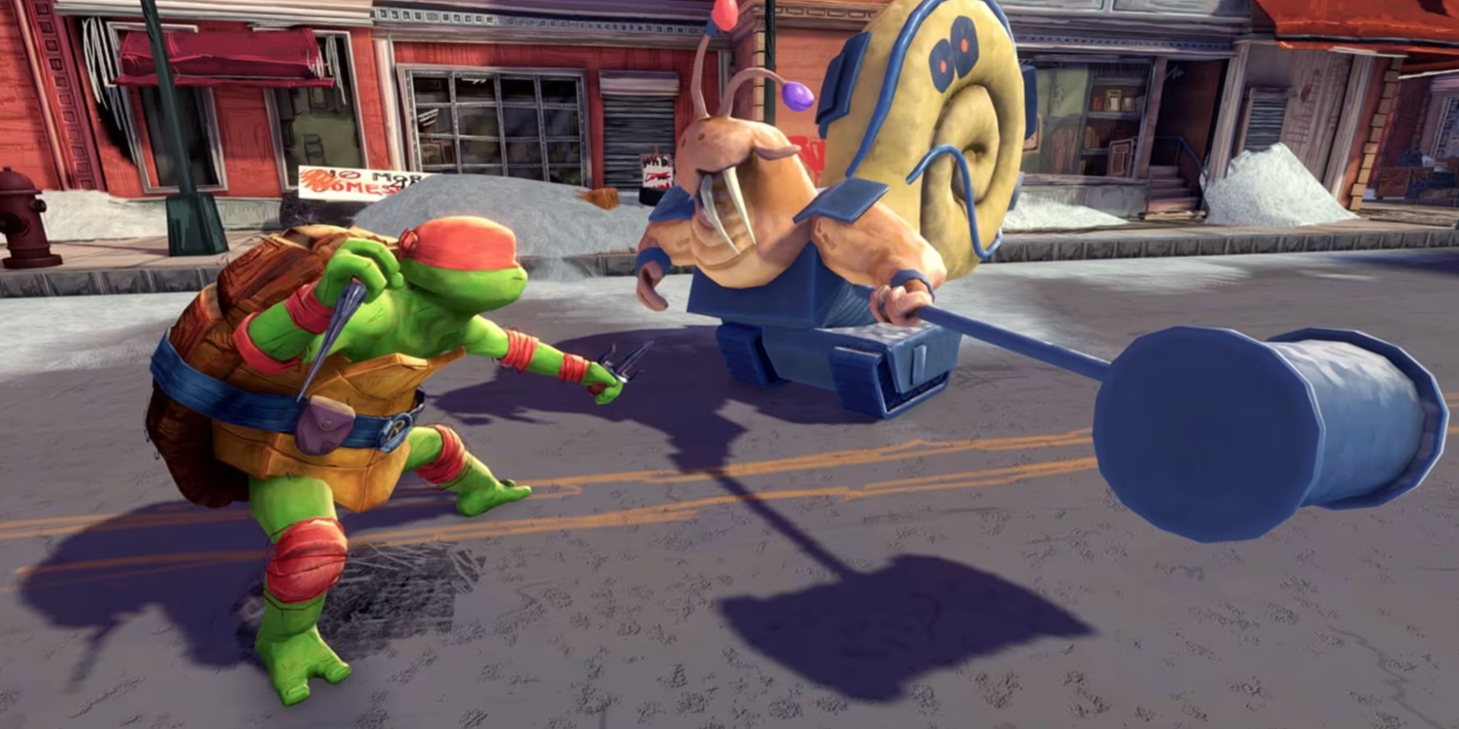 Raphael fighting a snail mutant in Teenage Mutant Ninja Turtles: Mutants Unleashed.