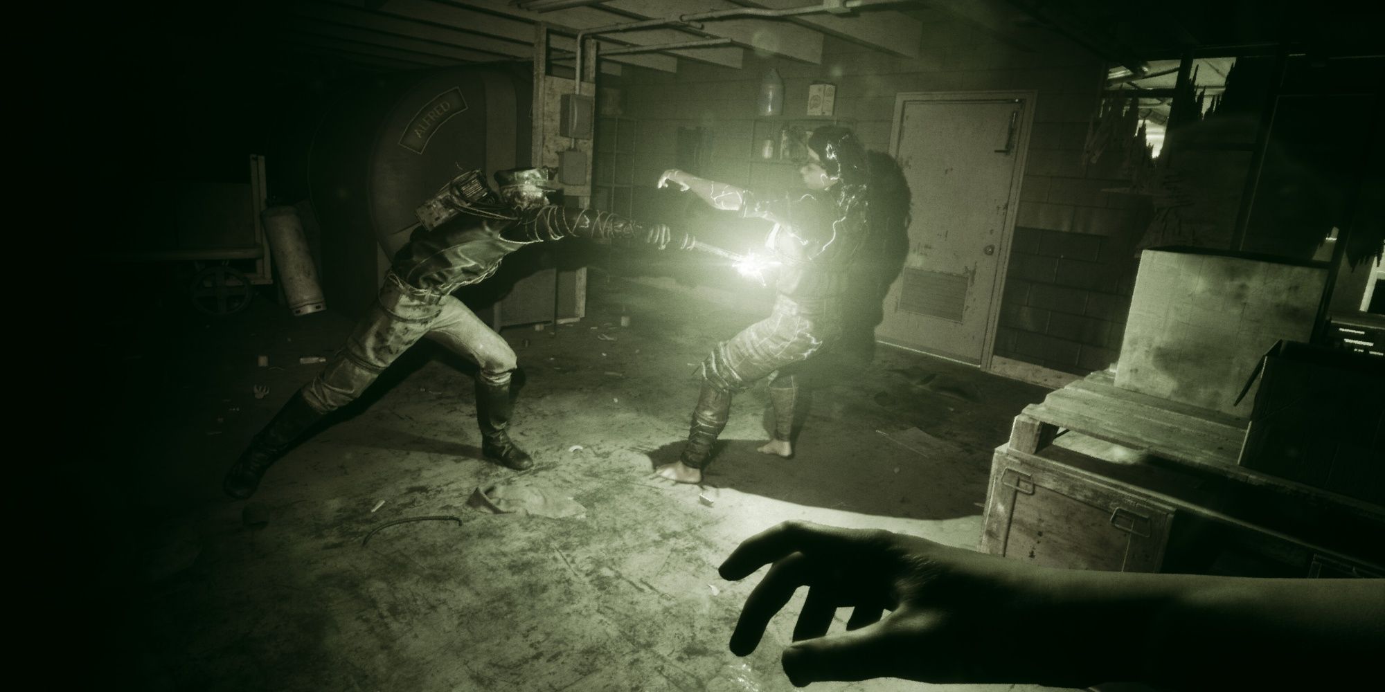 The Outlast Trials: One Player Being Zapped By The Roaming Police Man.