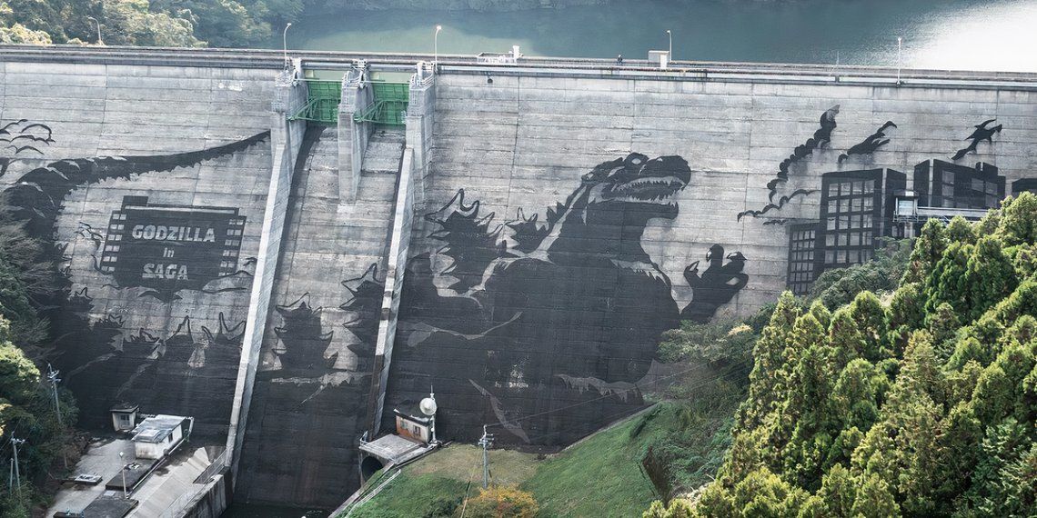 Dam in Japan Transformed into a Godzilla Mural in Unique Way