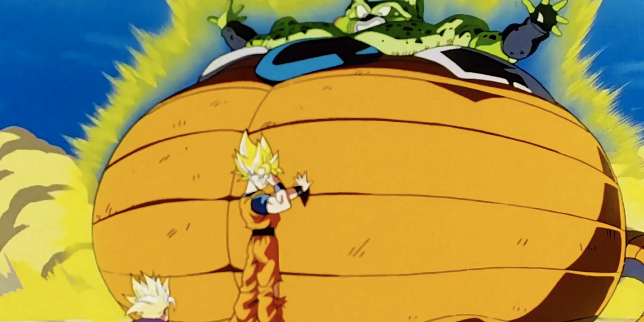 Dragon Ball Z screenshot of Goku holding his hand to Cell about to use Instant Transmission.