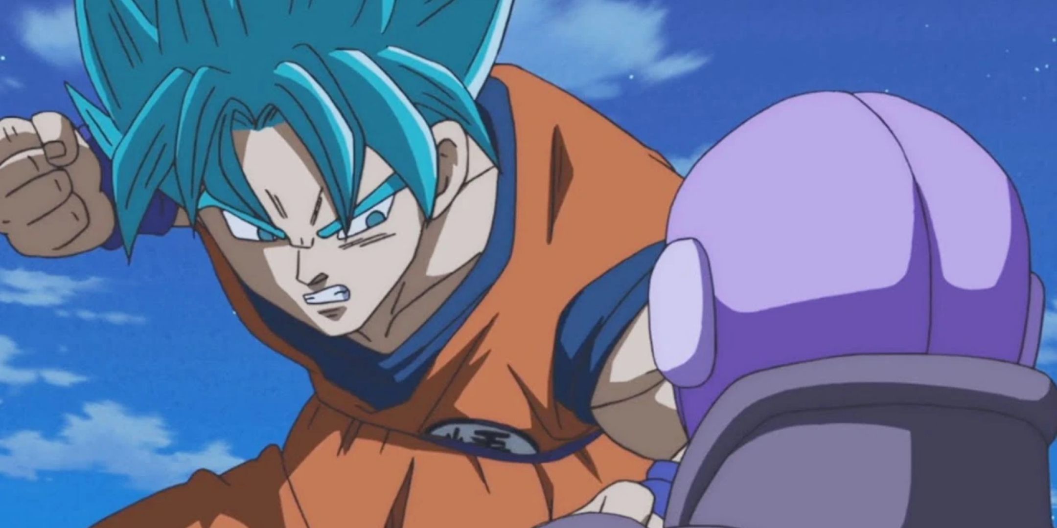 Dragon Ball Super Super Saiyan Blue Goku about to throw a punch at Hit.