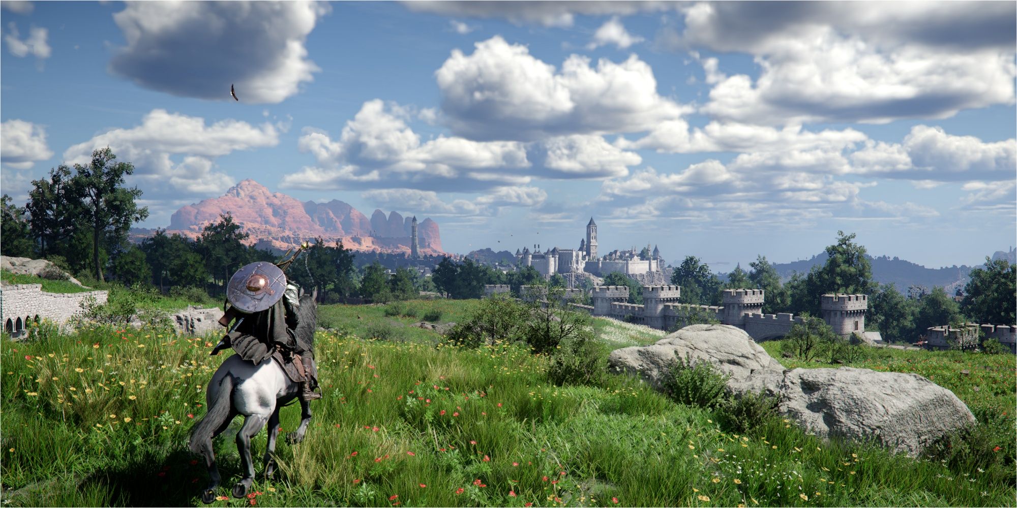Crimson Desert Klif riding a horse on a vast open landscape with a castle in the distance.