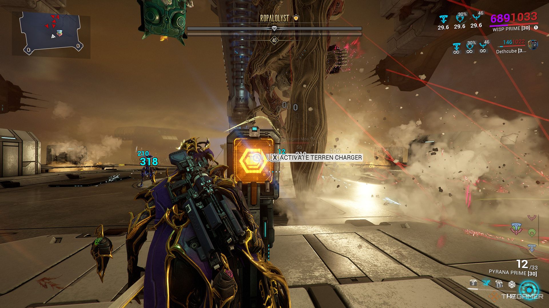 The player activating the Terran Charger to deal damage to the Ropalolyst after it has been knocked down.