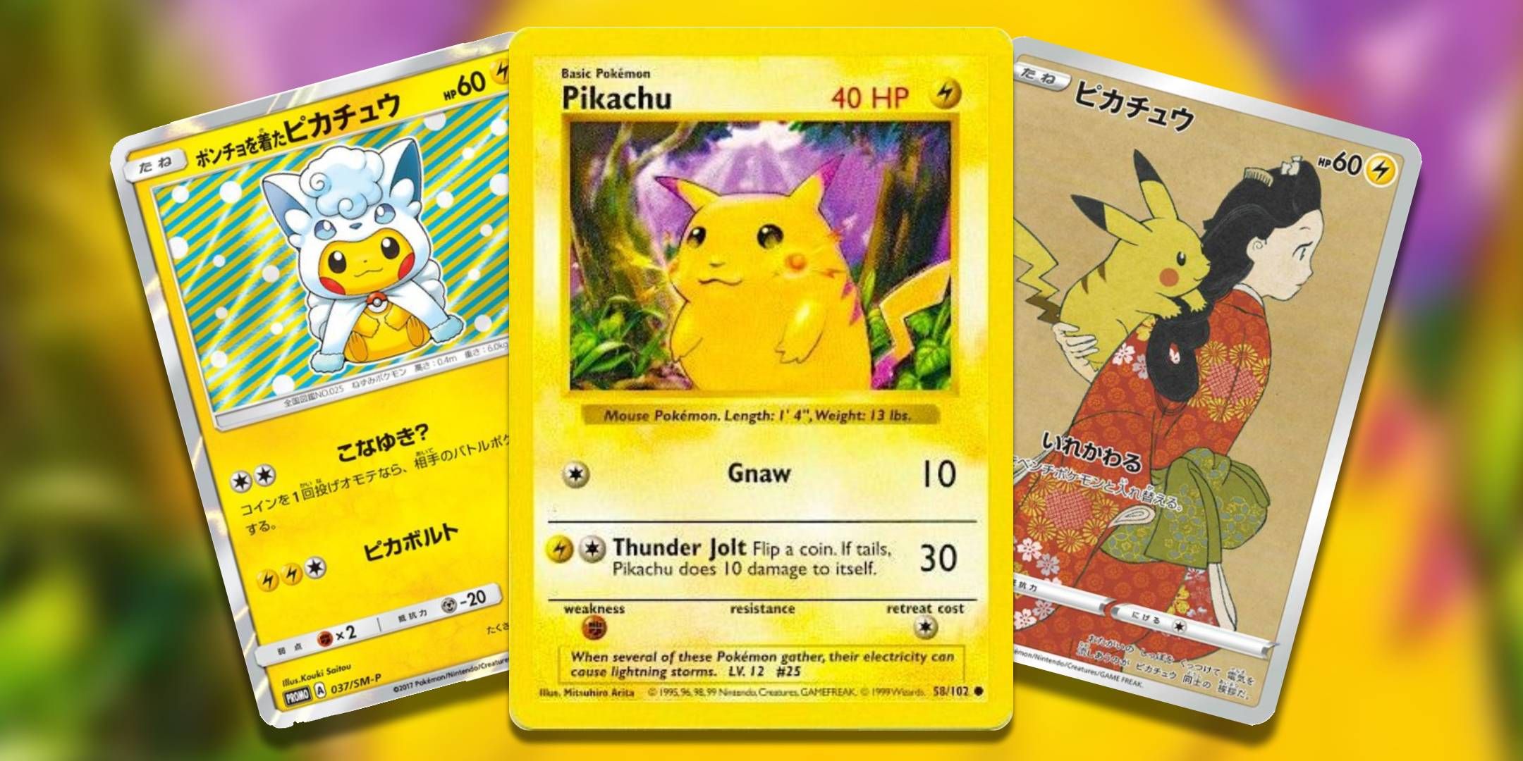 A Poncho Pikachu, Red Cheeks Pikachu and Stamp Box Pikachu from the Pokemon TCG.