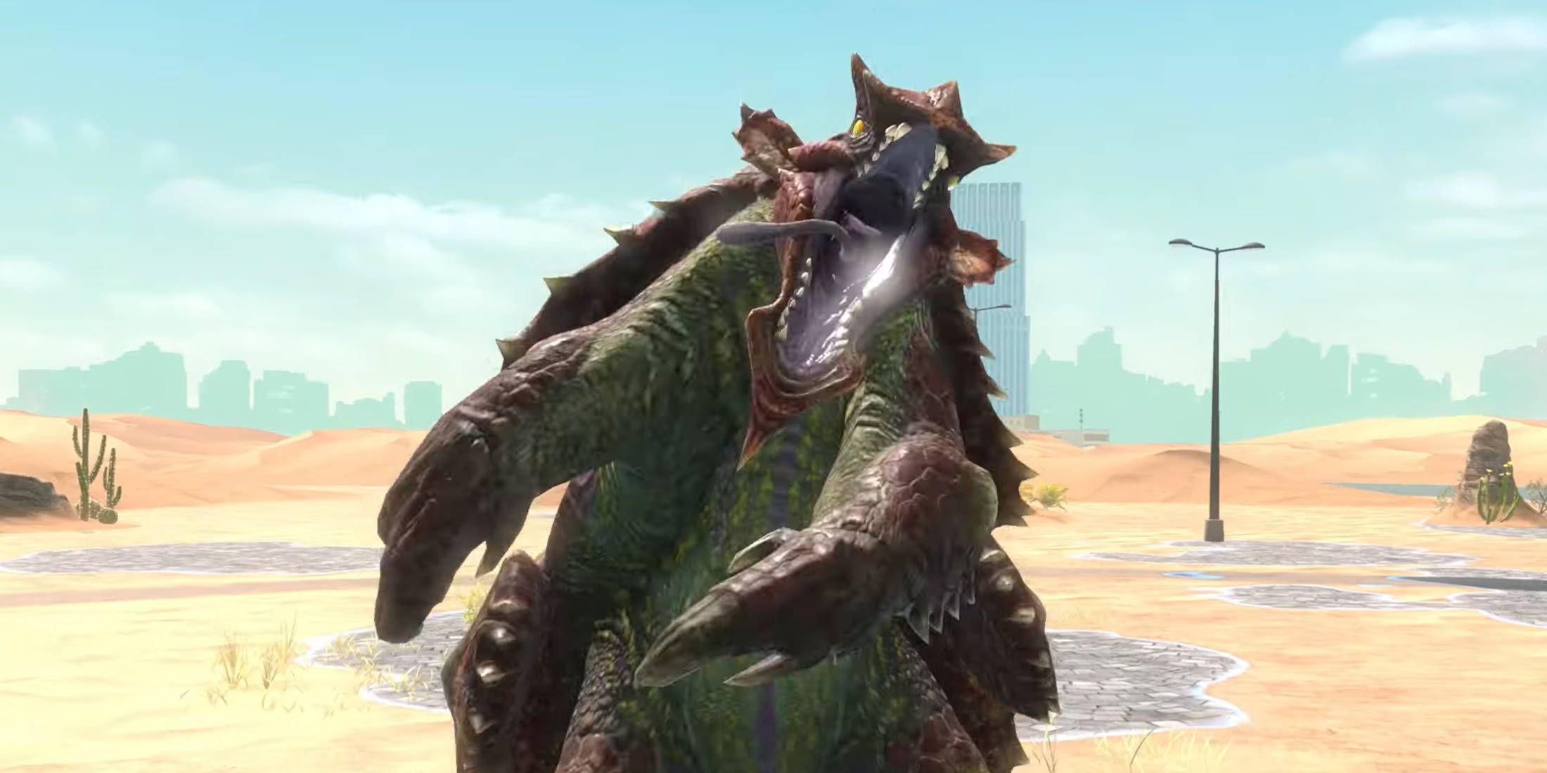 Monster Hunter Now Switch Axe build: A Volvidon is roaring in a desert near some lights.