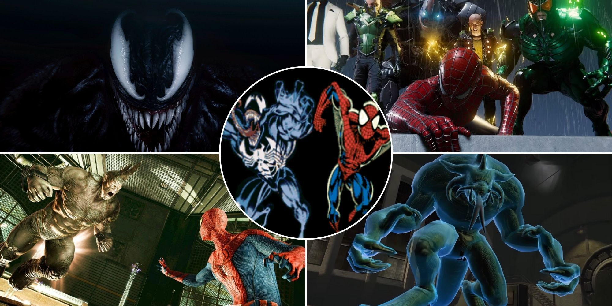 A collage of 5 Spider-Man villains across 5 different games: Venom & Spidey, Venom, Lizard, Rhino and the Sinister Six.