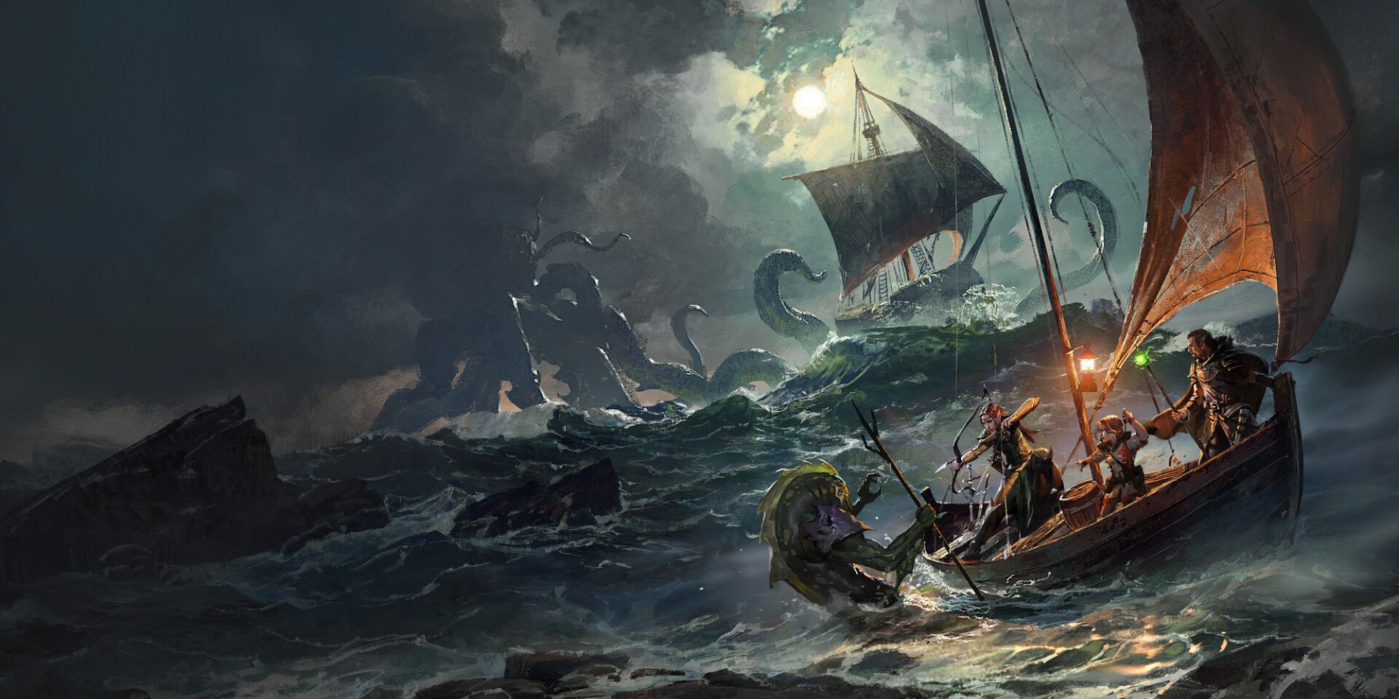 Dungeons And Dragons - Ghosts Of Saltmarsh Cover Art of boats being attacked by sea beasts.