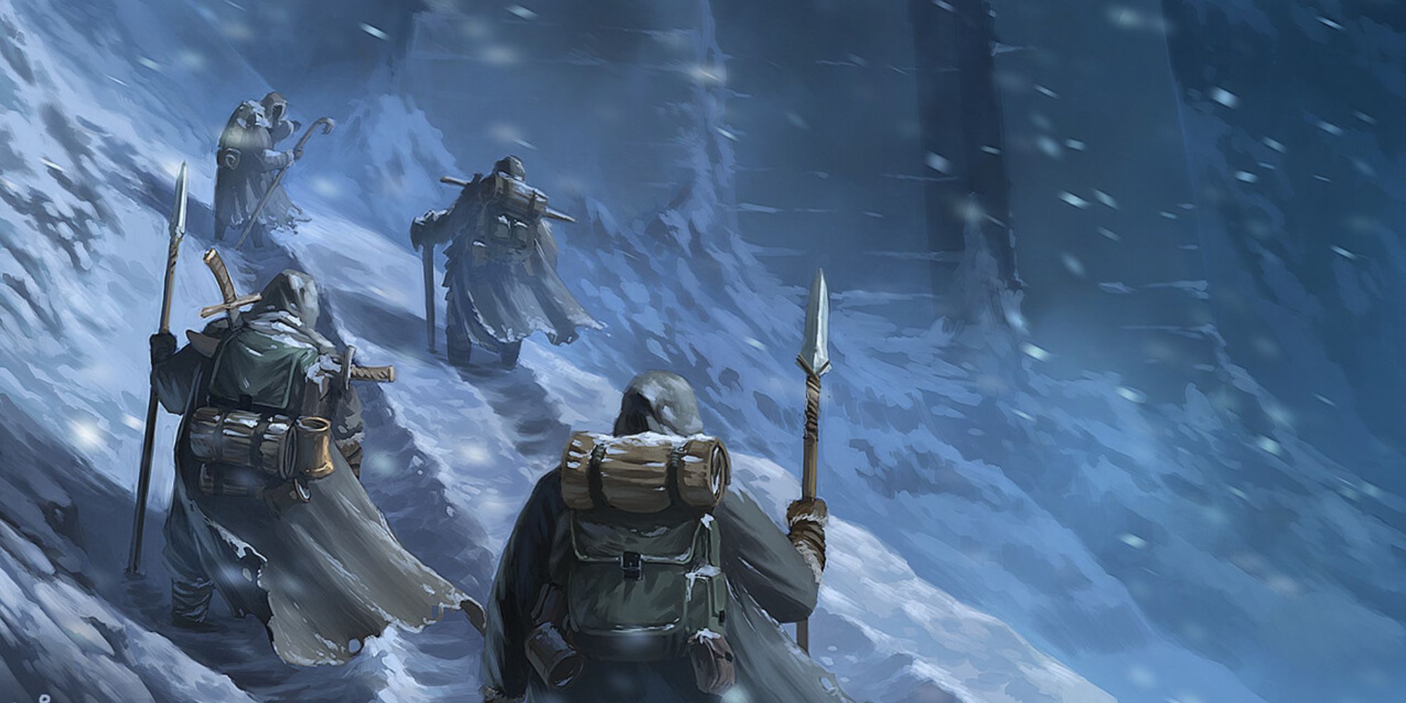 Adventurers in a snow storm approaching Xardoroks Fortress from Dungeons & Dragons.