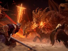 Elden Ring Nightreign screenshot with three players battling an explosive creature