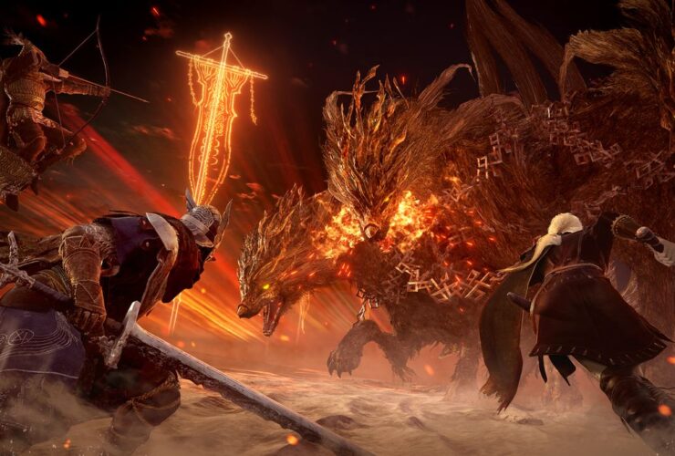 Elden Ring Nightreign screenshot with three players battling an explosive creature