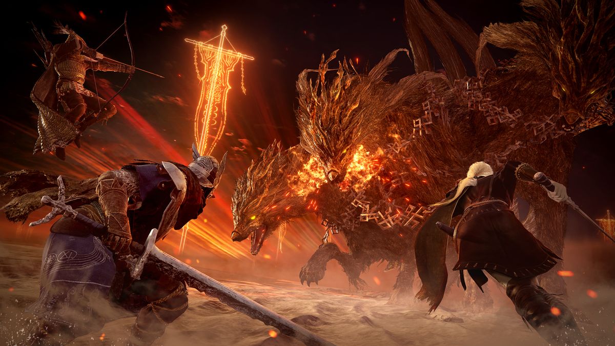 Elden Ring Nightreign screenshot with three players battling an explosive creature