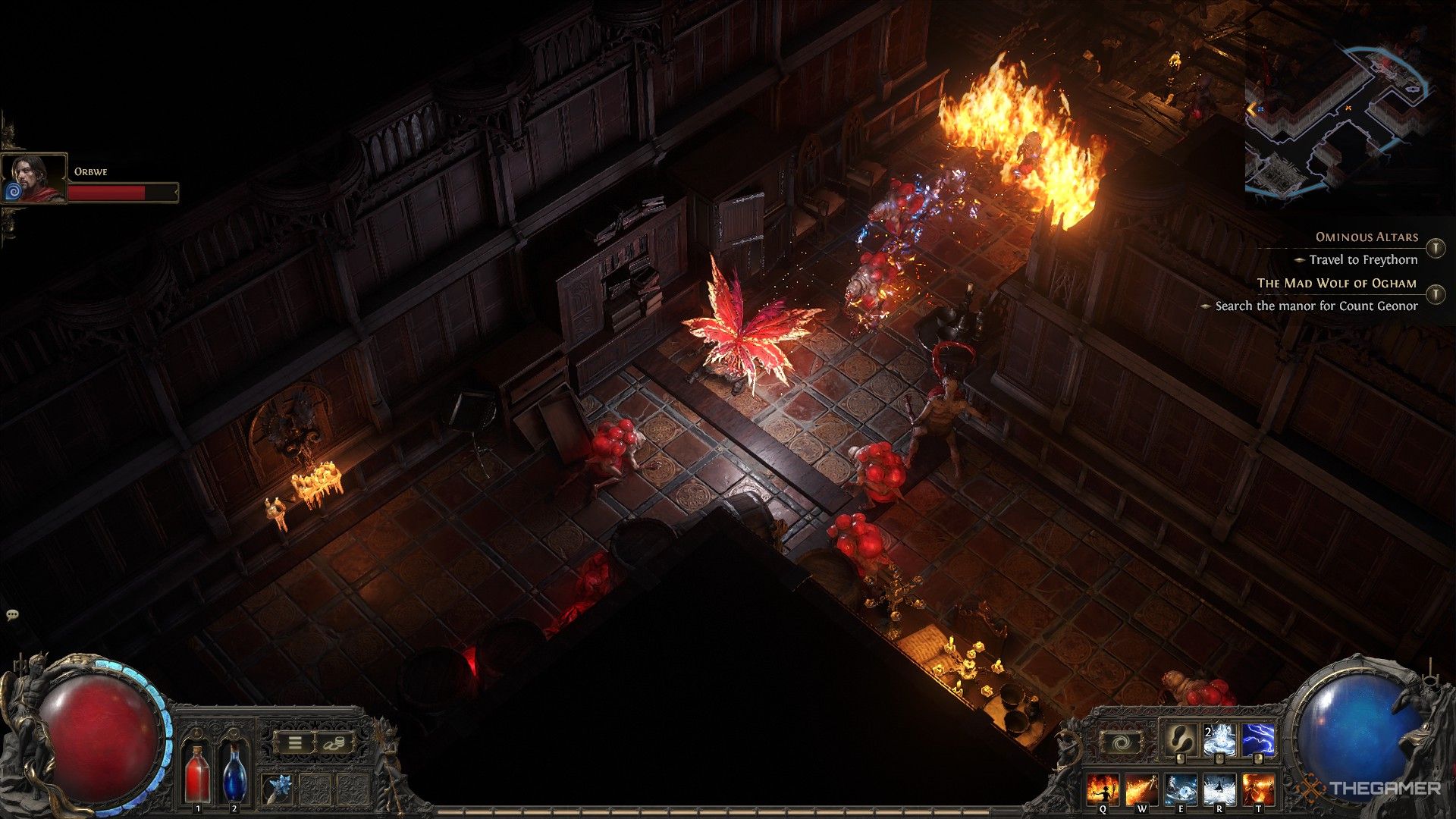 A player fighting enemies in the manor.