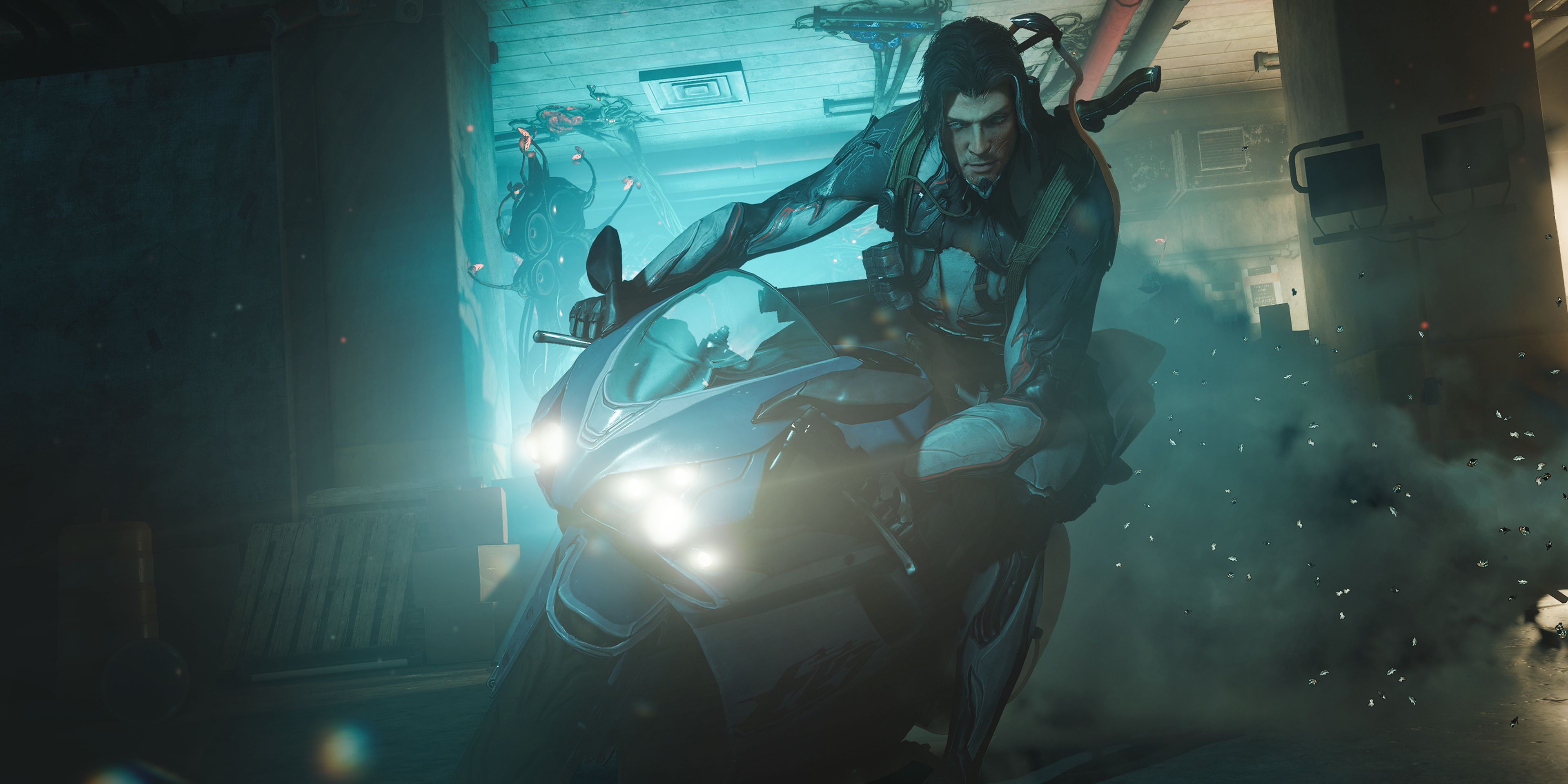 Arthur Nightingale riding his Atomicycle in Warframe.