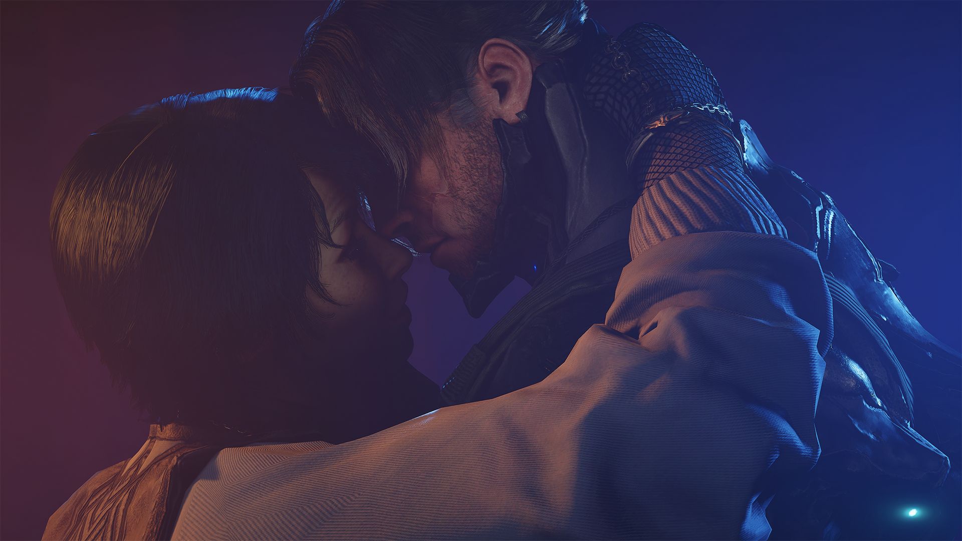 The Drifter about to kiss Arthur Nightingale in Warframe.