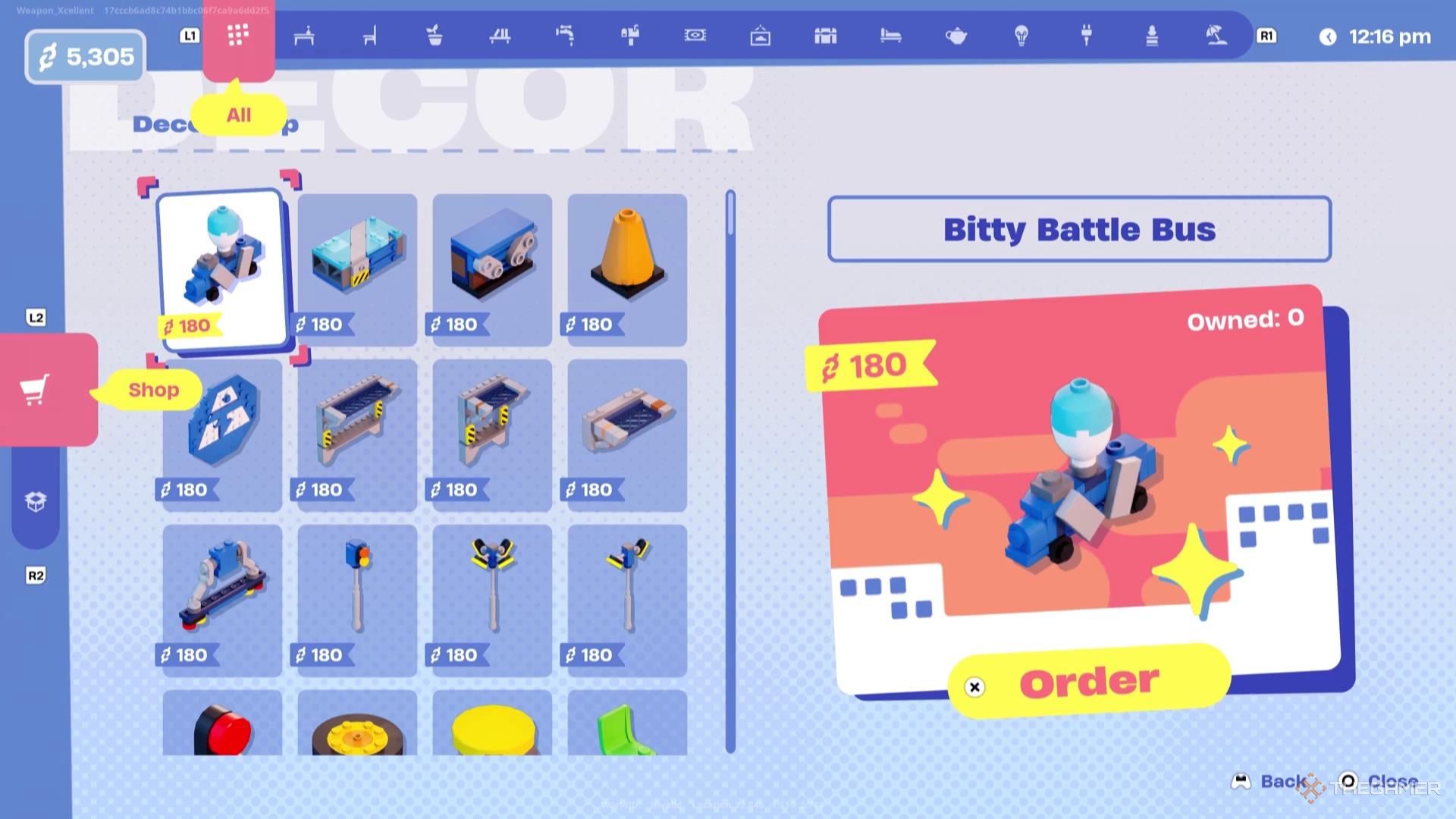 The page displaying all of the decorations available for purchase in Lego Fortnite Brick Life.