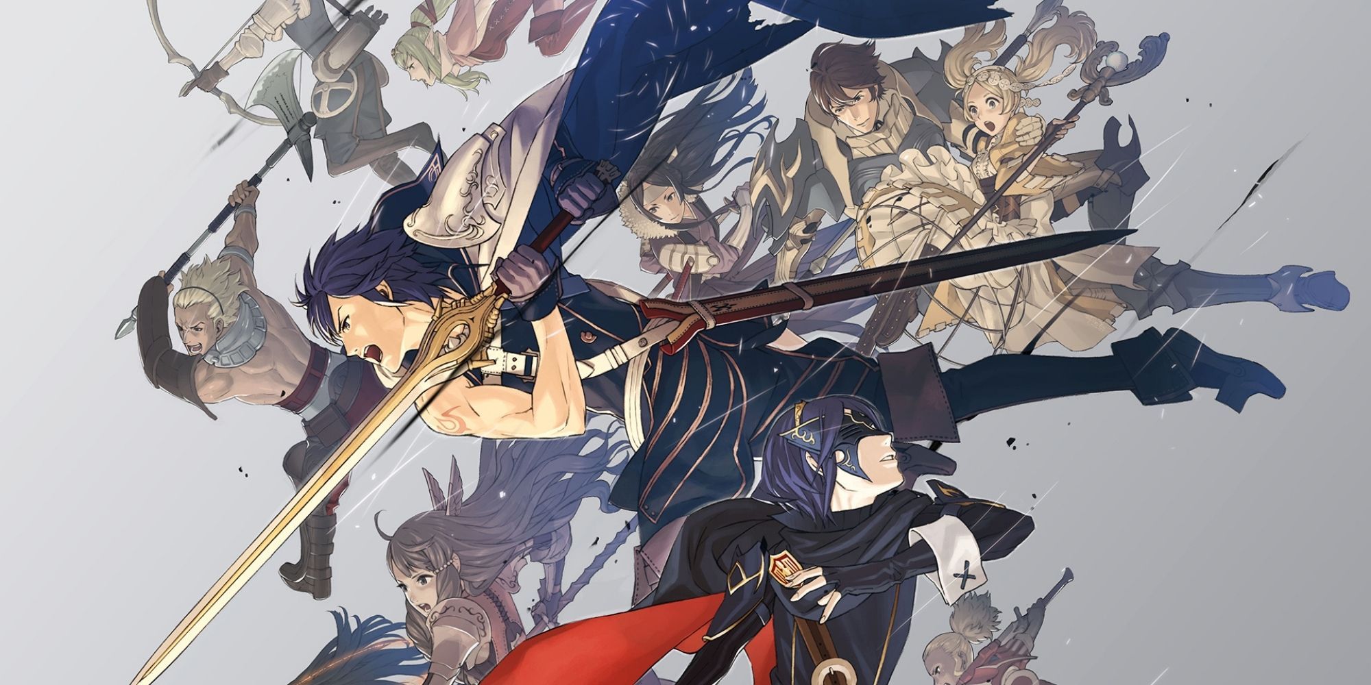 The cast of Fire Emblem Awakening fall with weapons in their hands