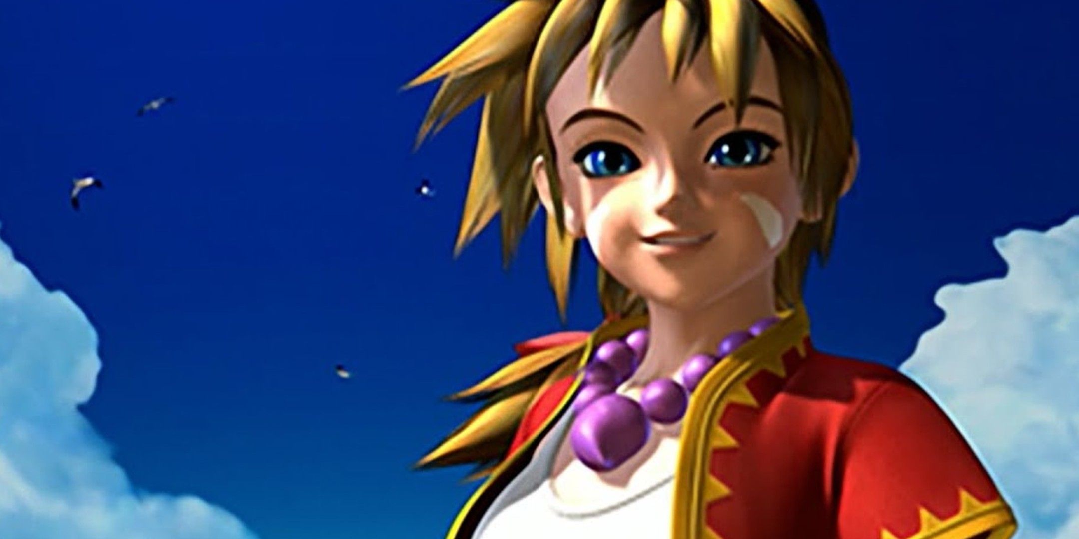 Kid smiling against a blue sky in Chrono Cross. 