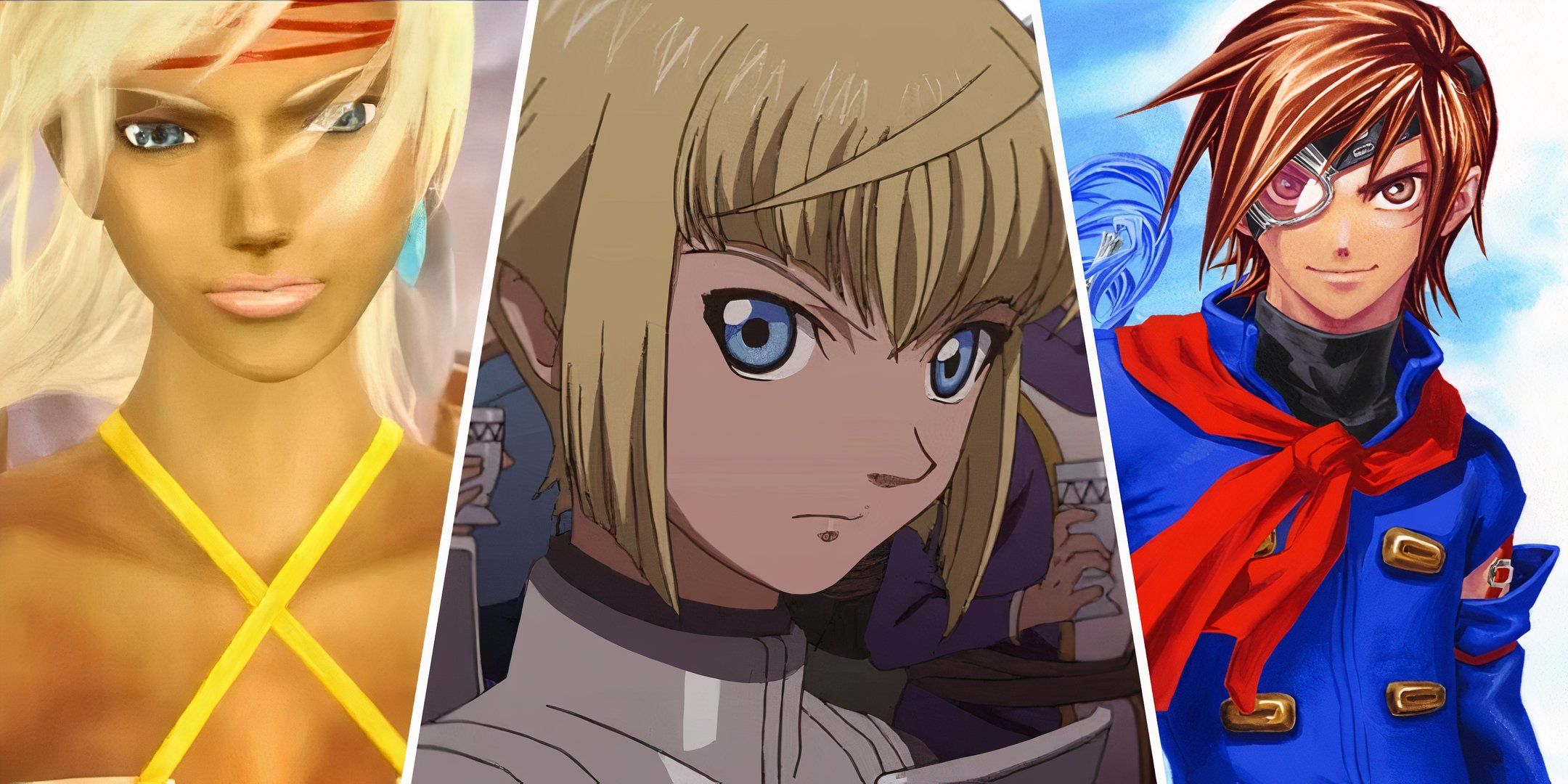 Split image featuring Shania from Shadow Hearts: From The New World, Jeanne from Jeanne d'Arc, and Vyse from Skies of Arcadia.