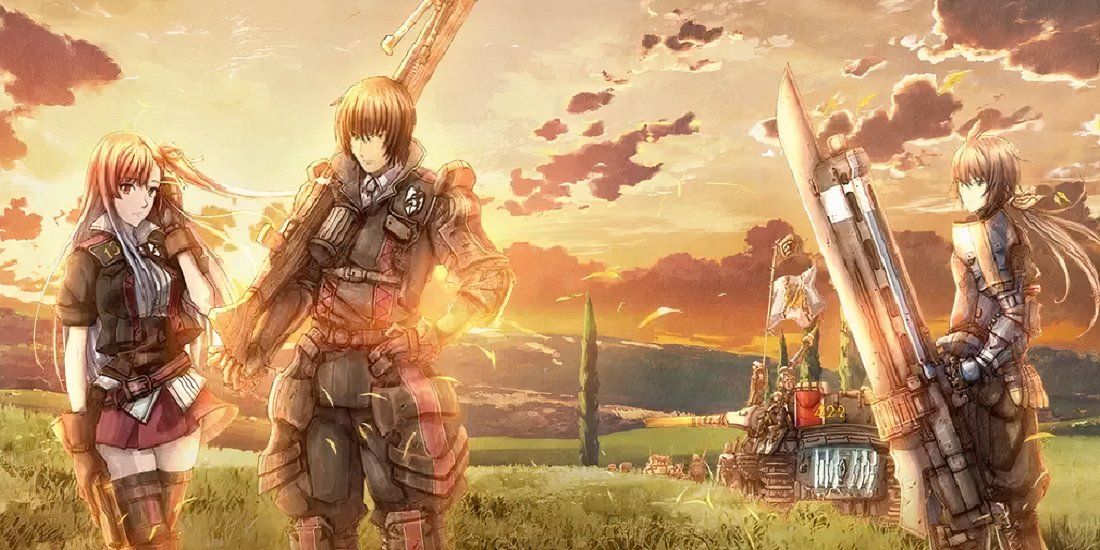 Valkyria Chronicles 3 official artwork showing Kurt, Riela and Imca standing in a field at sunset.