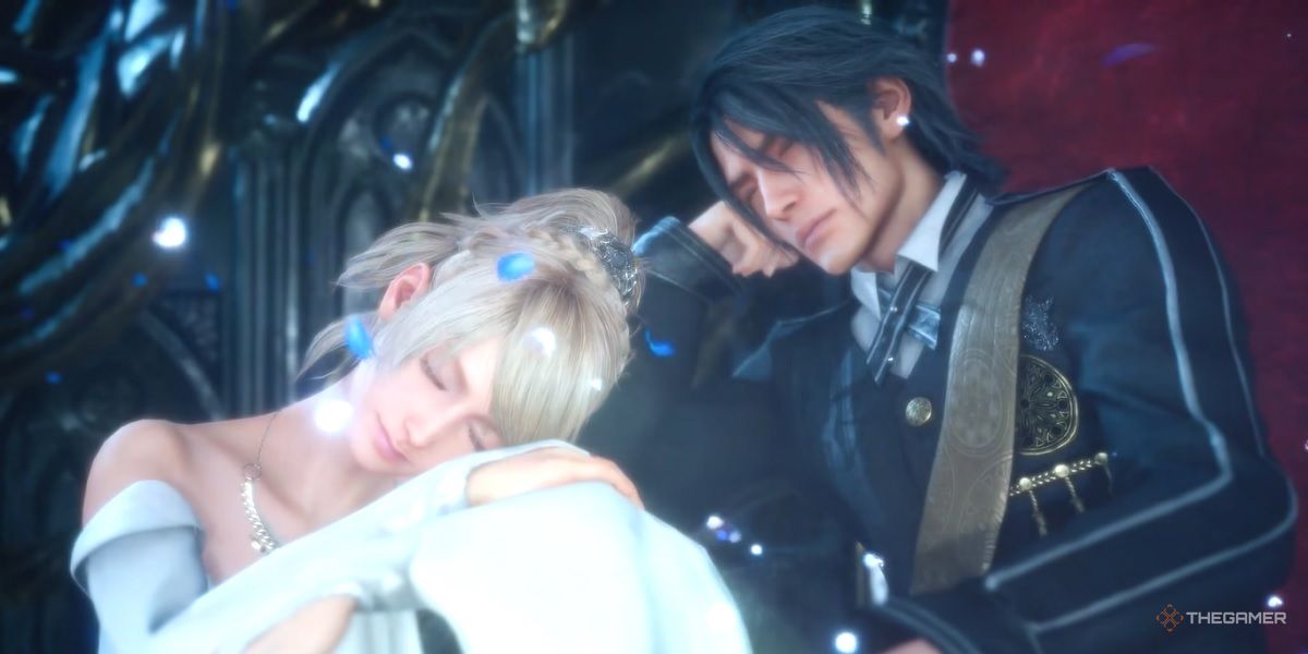 An image from the post-credits scene of Final Fantasy 15, showing Noctis and Lunafreya resting in the afterlife.