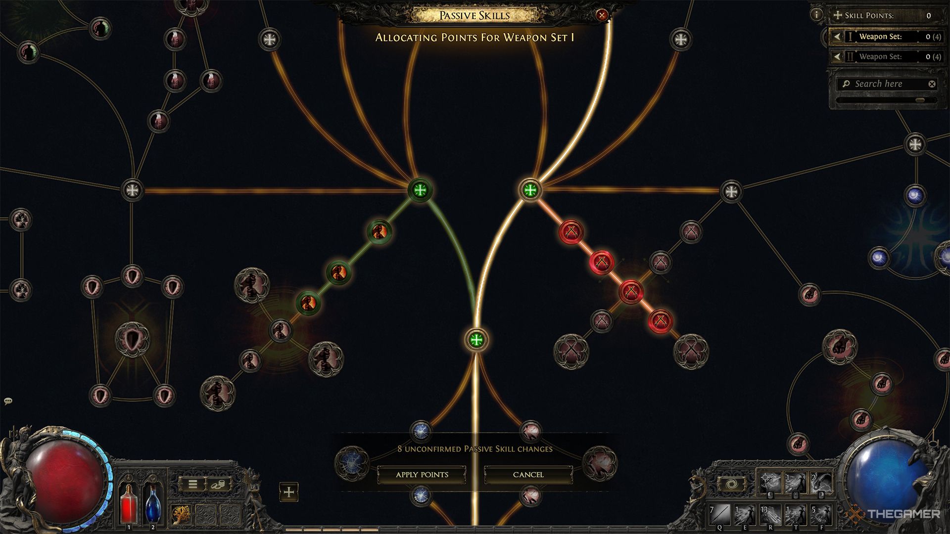 A red and green line allocating two different weapon set skill points on the skill tree menu.