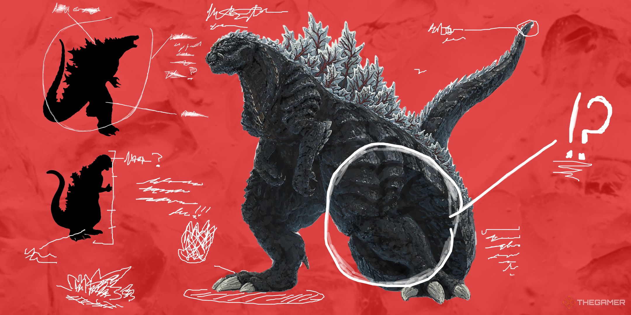 A red image featuring illegible scribbled notes and annotations in reference to various Godzilla designs.