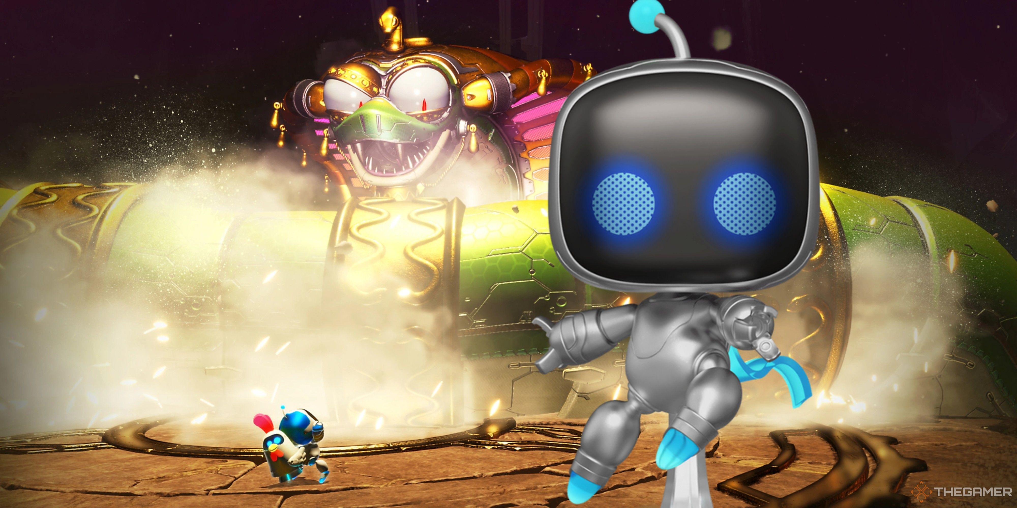 astro bot funko pop in front of an astro bot boss fight.