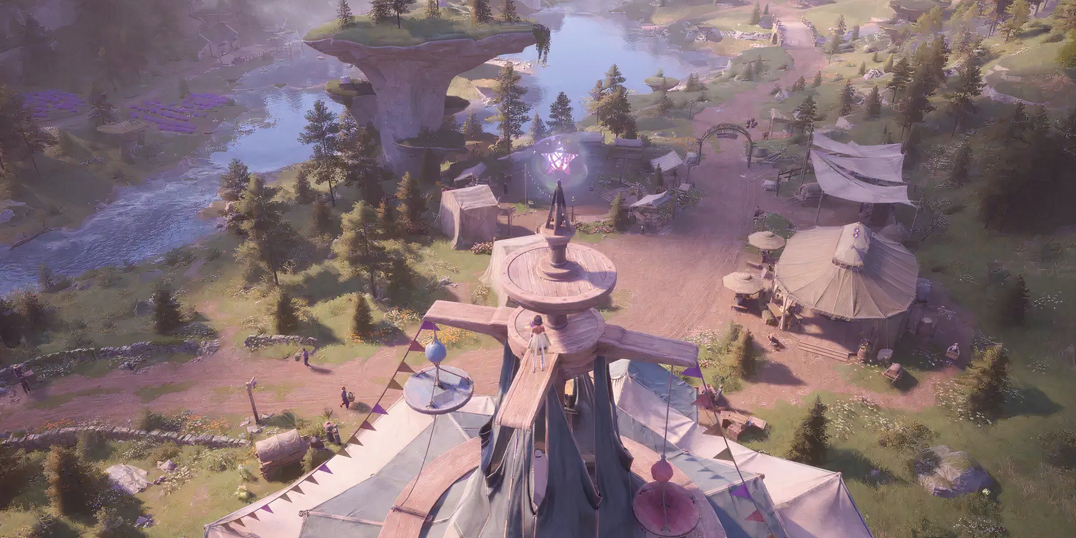 An aerial view of the town of Stoneville, while Nikki stands on top of a tent looking at a Whimstar.