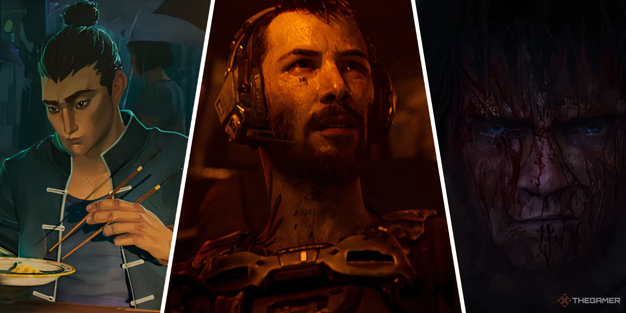 Three-image collage of Sifu's protagonist eating dumplings in his episode, a close-up of Keanu Reeves as an Armored Core pilot in the cockpit, and a blood-drenched young Titus from the Warhammer 40K episode.