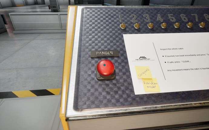 Close up shot of the Danger button in The Cabin Factory. It's a red button with the word Danger written above it.