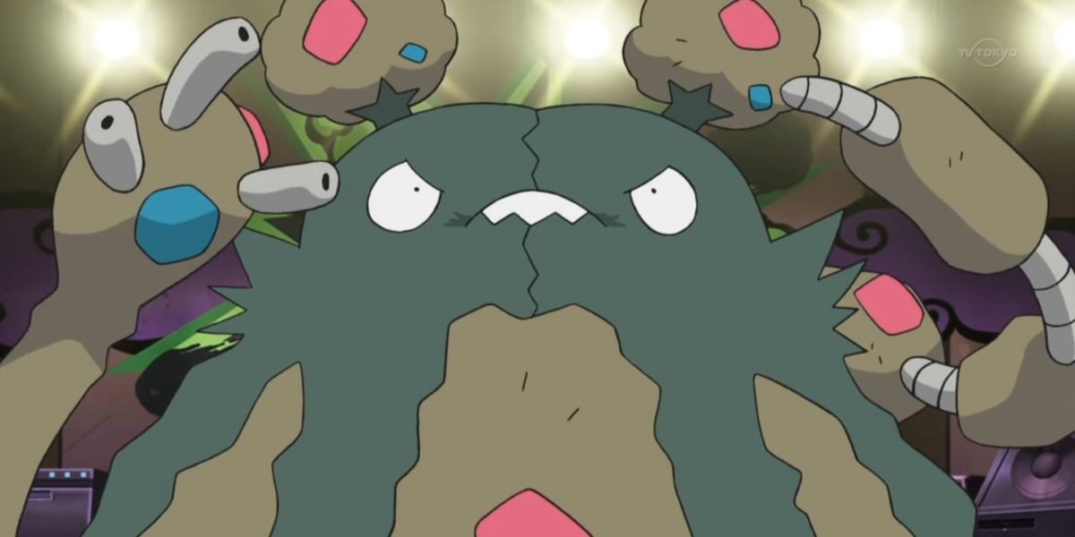 Garbodor looking angry in the Pokemon anime.