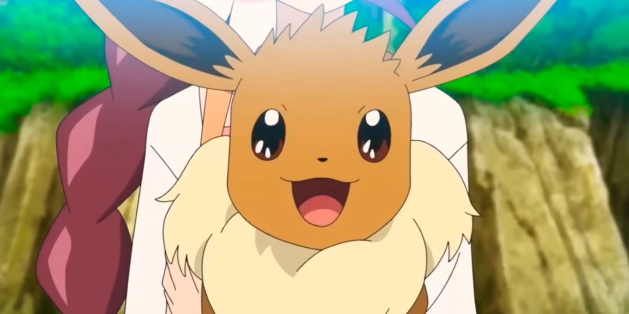 a closeup of Eevee smiling in the Pokemon anime.