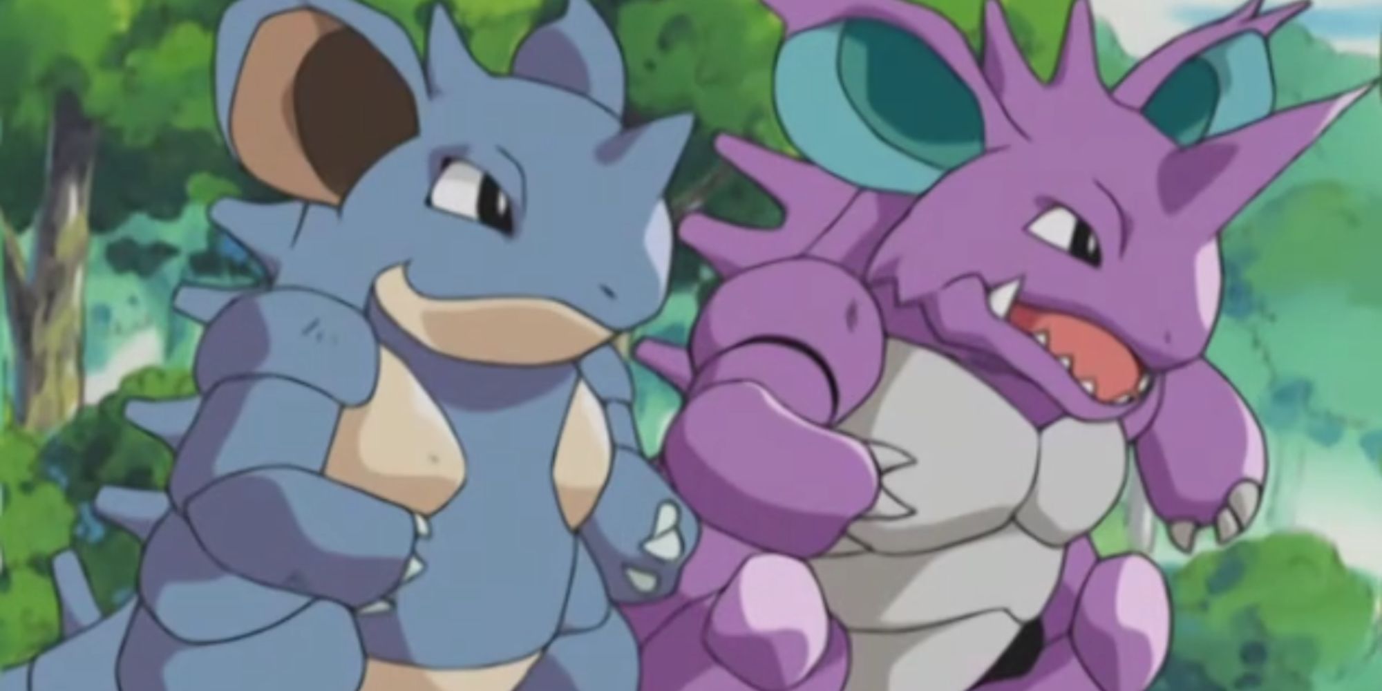 Nidoking and Nidoqueen stand beside each other in the Pokemon Anime.